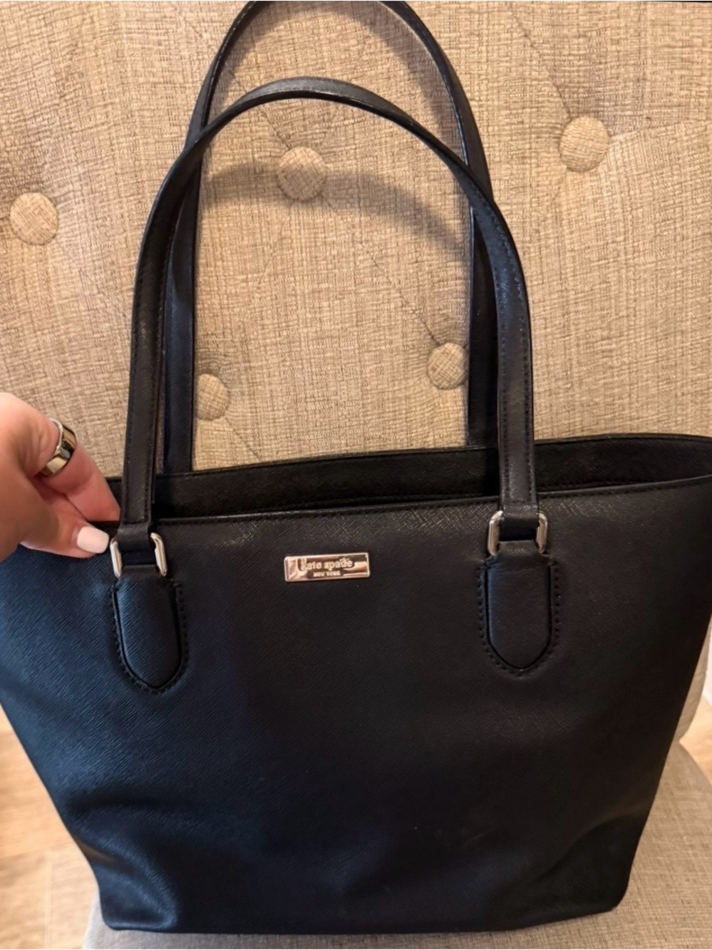 Kate Sqade Black Saffiano Leather Tote with Matching Wallet gold hardware EUC